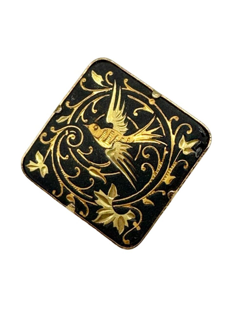 Vintage Damascene Bird Brooch Scatter Pin 1" Floral Vines Black Gold Cottagecore - Picture 3 of 7